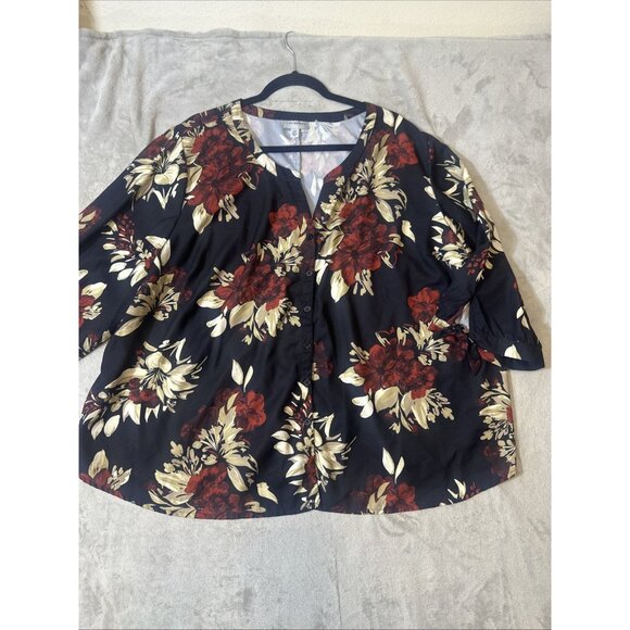 Catherines 3XWP Blouse Black Red Gold Floral Button Front 3/4 Sleeve Plus Top - Picture 3 of 7